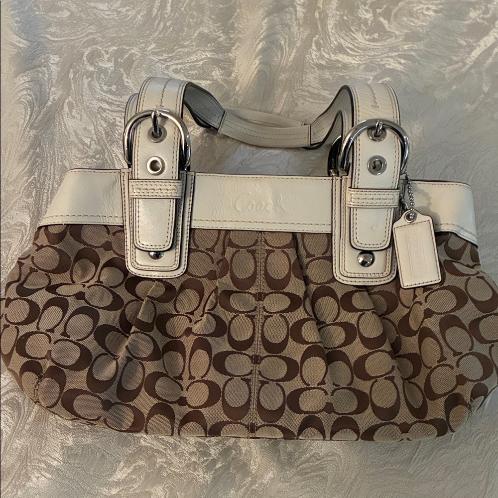 Coach Brown and Cream leather Signature C print Shoulder Bag